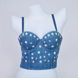 Blue Denim Painted Pattern Full Stars Push Up Bra Women Clubwear Fashion Bustier