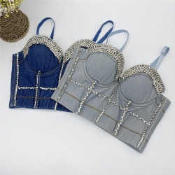 Denim Beading Rhinestone High Quality Bra Set New